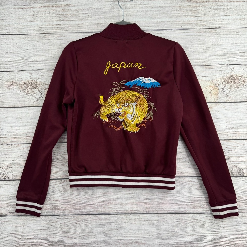 Vintage Wet Seal Bomber Jacket Women L Maroon Japan Tiger Embroidered Zip Up